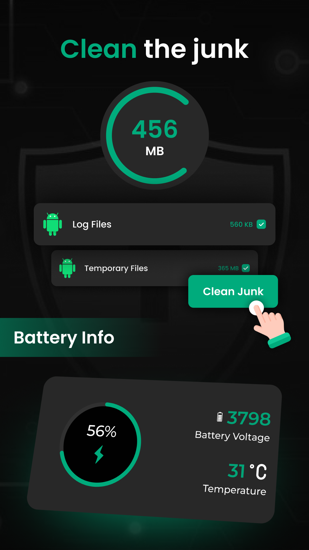 Quick diagnose screen with junk cleaner, battery info and app manager tools