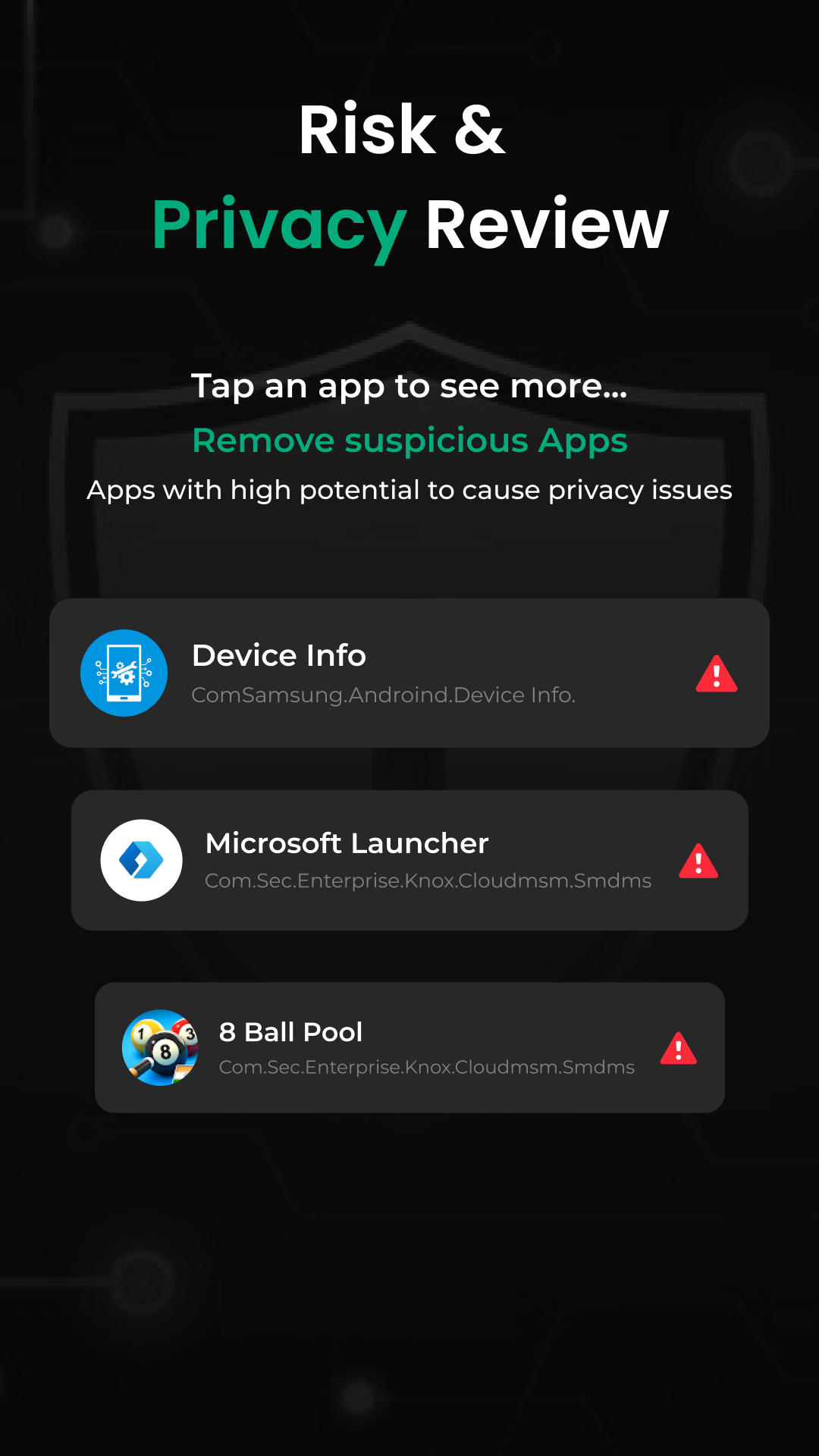 Hacker protection screen showing total, hidden and dangerous apps on device
